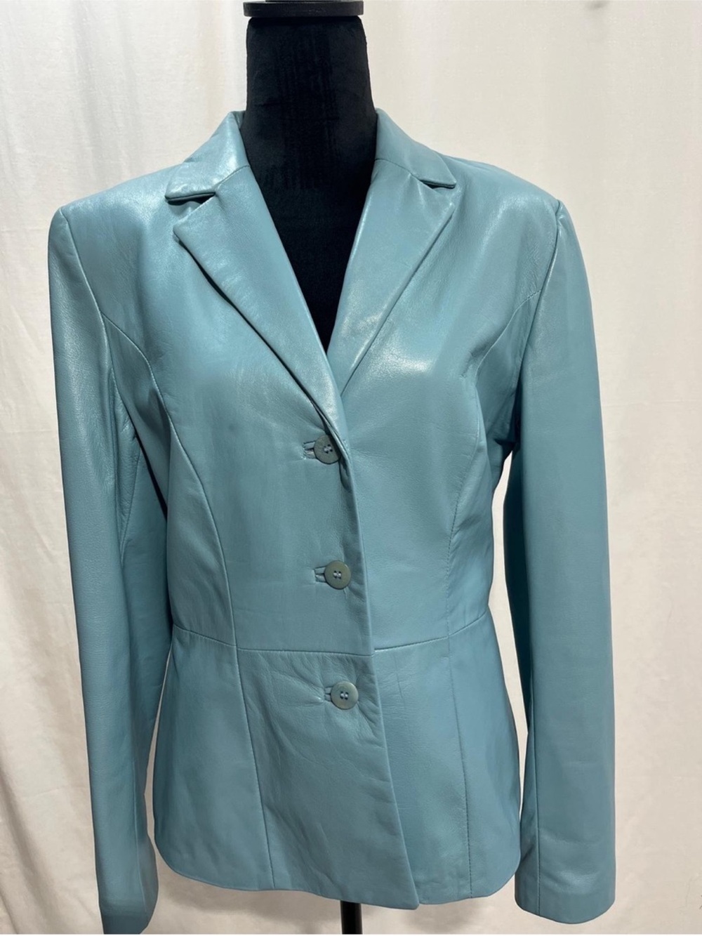 Danier blue leather womenโs blazer jacket, trendy Y2K work office date night